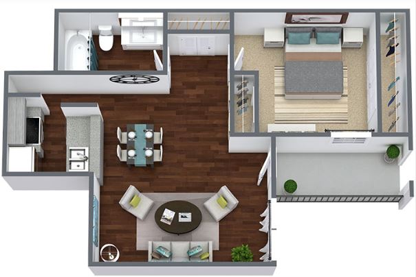 one bed one bath 610 square foot floor plan