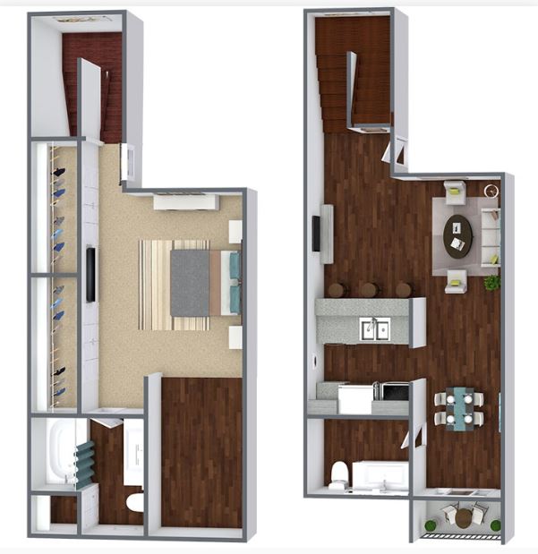 one bed 1.5 bath 775 square foot floor plan