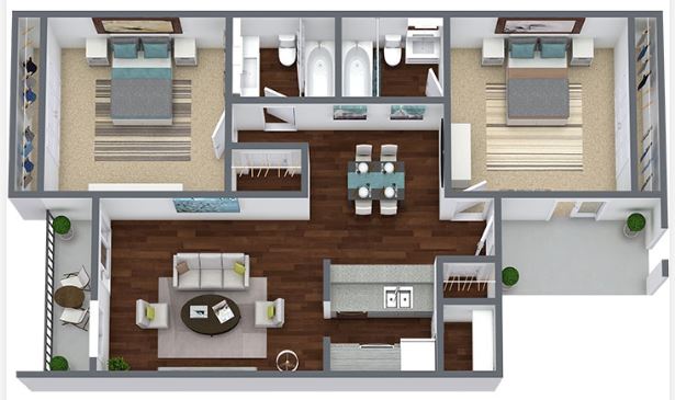 two bed two bath 915 square foot floor plan