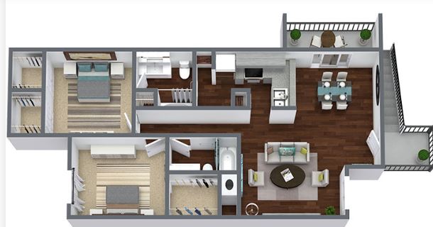 two bed two bath 1,120 square foot floor plan