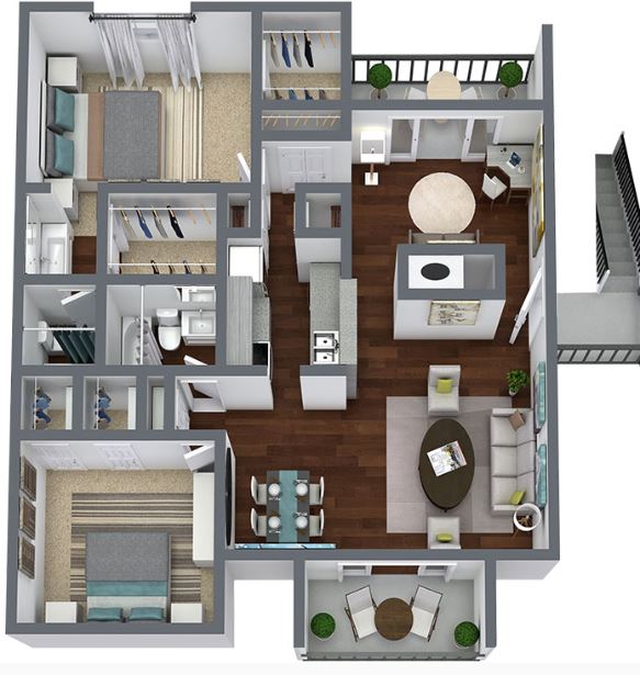 two bed two bath 1,200 square foot floor plan