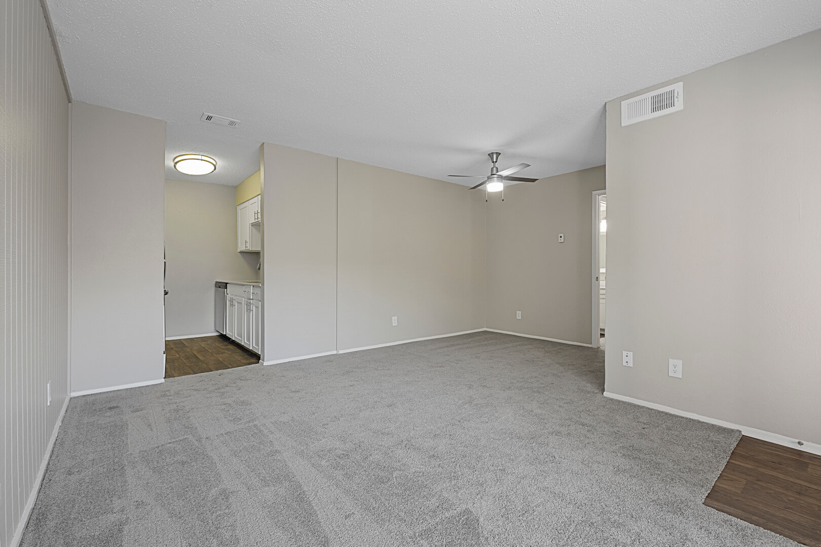 spacious living room leading to updated kitchen